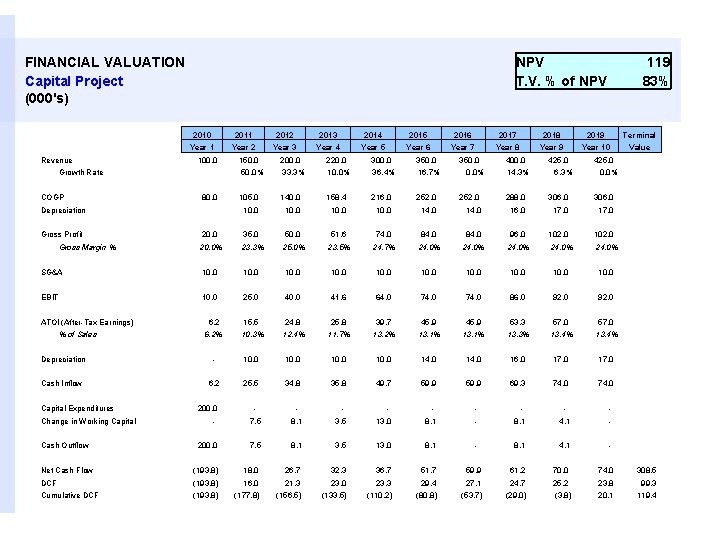 FINANCIAL VALUATION Capital Project (000's) Revenue NPV T. V. % of NPV 2010 2011