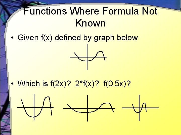 Functions Where Formula Not Known • Given f(x) defined by graph below • Which