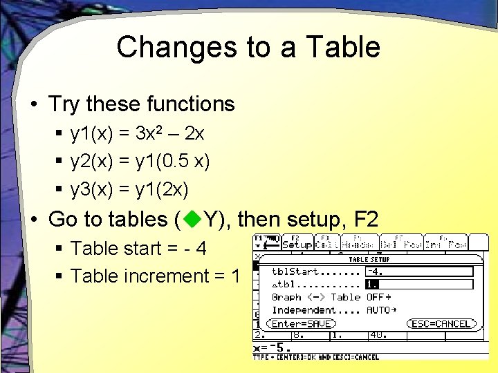 Changes to a Table • Try these functions § y 1(x) = 3 x