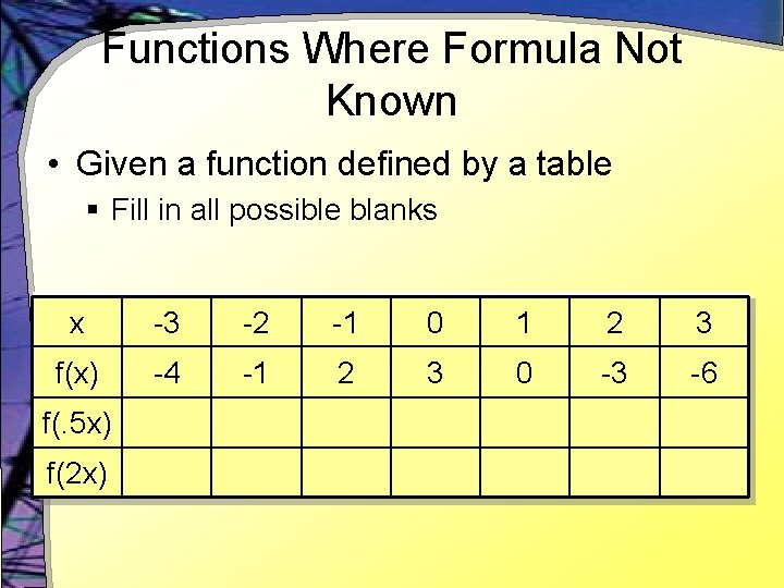 Functions Where Formula Not Known • Given a function defined by a table §