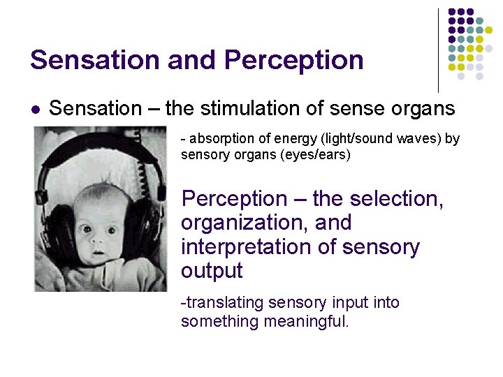 Sensation and Perception l Sensation – the stimulation of sense organs - absorption of