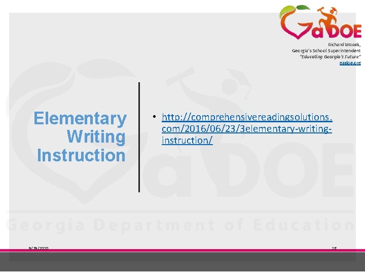 Richard Woods, Georgia’s School Superintendent “Educating Georgia’s Future” gadoe. org Elementary Writing Instruction 9/29/2020 Richard Woods, Georgia’s School Superintendent “Educating Georgia’s Future” gadoe. org Elementary Writing Instruction 9/29/2020