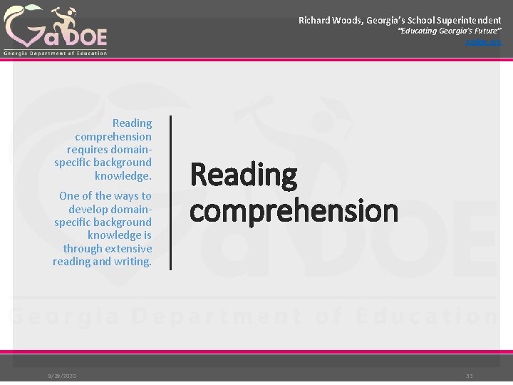 Richard Woods, Georgia’s School Superintendent “Educating Georgia’s Future” gadoe. org Reading comprehension requires domainspecific