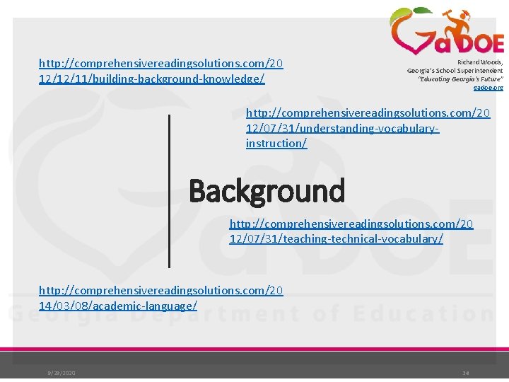 http: //comprehensivereadingsolutions. com/20 12/12/11/building-background-knowledge/ Richard Woods, Georgia’s School Superintendent “Educating Georgia’s Future” gadoe. org