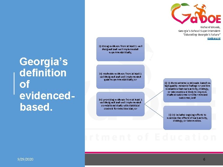 Richard Woods, Georgia’s School Superintendent “Educating Georgia’s Future” gadoe. org (I) strong evidence from