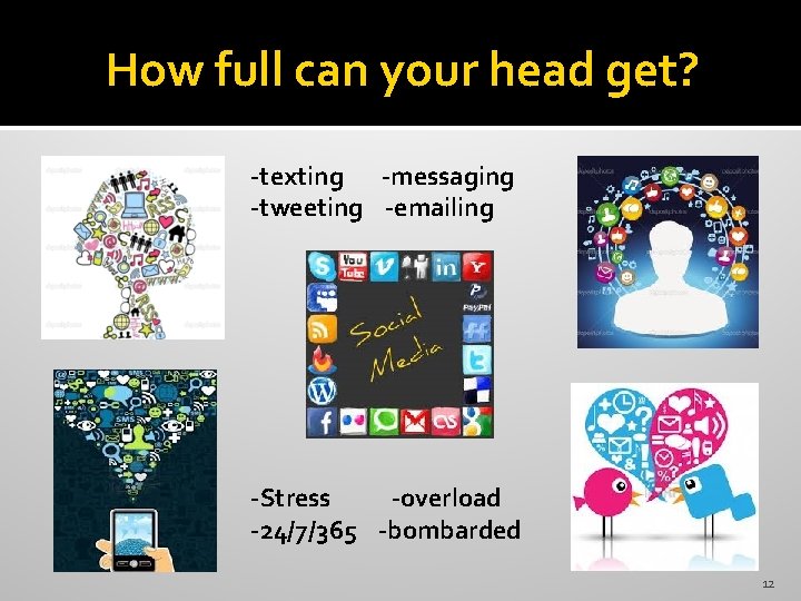 How full can your head get? -texting -messaging -tweeting -emailing -Stress -overload -24/7/365 -bombarded