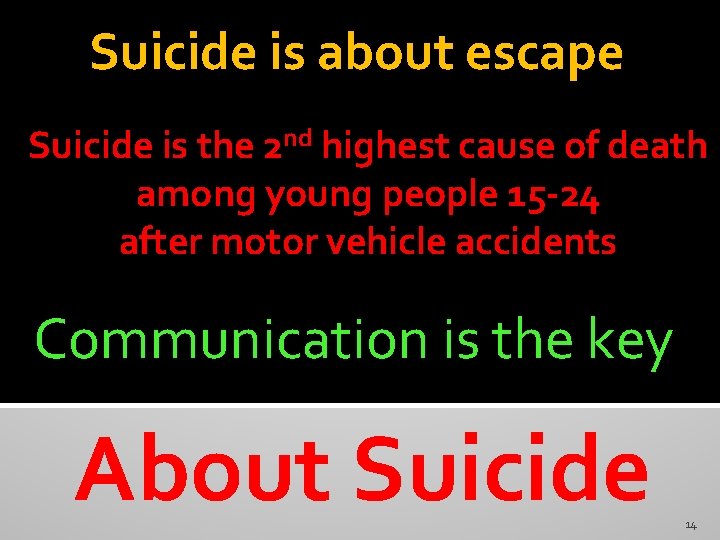 Suicide is about escape Suicide is the 2 nd highest cause of death among