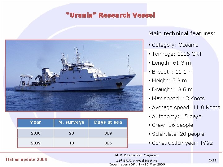 “Urania” Research Vessel Main technical features: • Category: Oceanic • Tonnage: 1115 GRT •