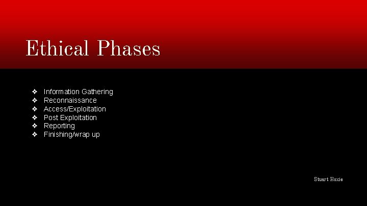 Ethical Phases ❖ ❖ ❖ Information Gathering Reconnaissance Access/Exploitation Post Exploitation Reporting Finishing/wrap up