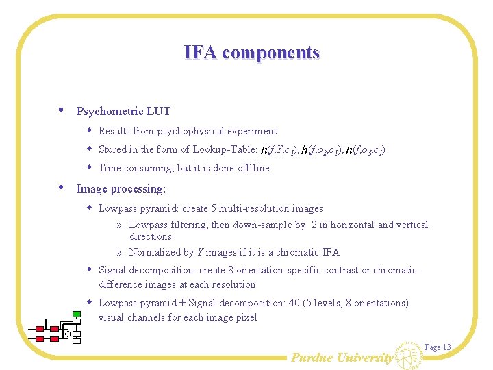 IFA components • Psychometric LUT w Results from psychophysical experiment w Stored in the