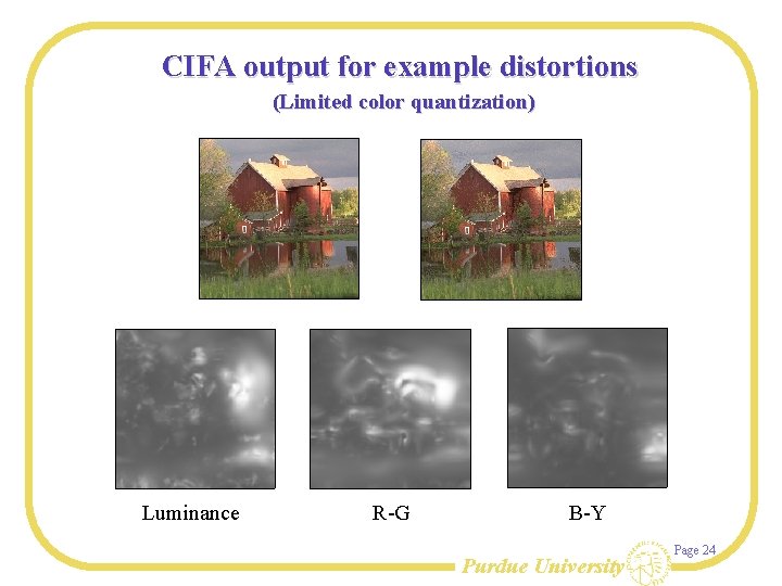 CIFA output for example distortions (Limited color quantization) Luminance R-G B-Y Purdue University Page
