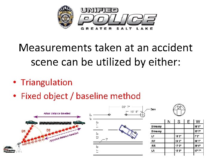 Measurements taken at an accident scene can be utilized by either: • Triangulation •