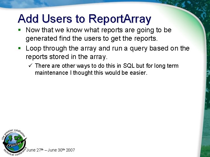 Add Users to Report. Array § Now that we know what reports are going