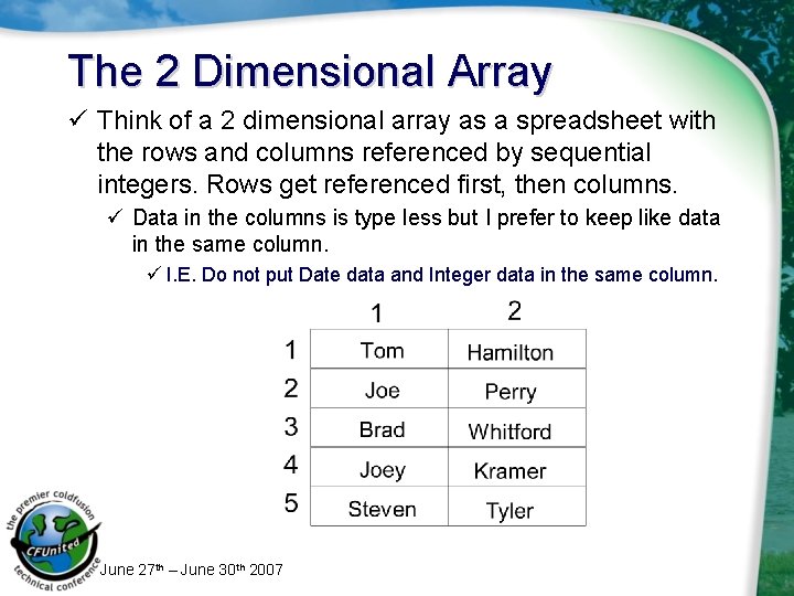 The 2 Dimensional Array ü Think of a 2 dimensional array as a spreadsheet