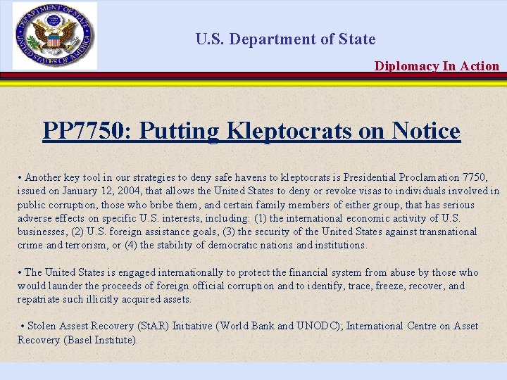 U. S. Department of State Diplomacy In Action PP 7750: Putting Kleptocrats on Notice
