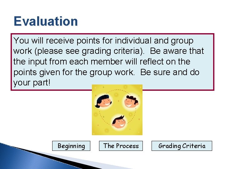 Evaluation You will receive points for individual and group work (please see grading criteria).