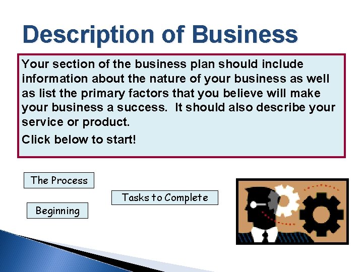 Description of Business Your section of the business plan should include information about the