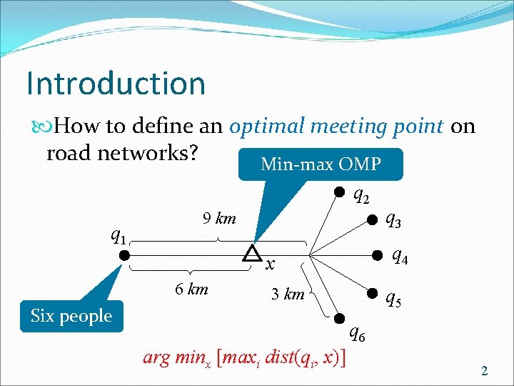 Introduction How to define an optimal meeting point on road networks? Min-max OMP q