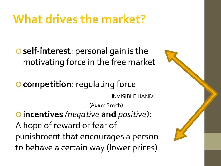  self-interest: personal gain is the motivating force in the free market competition: regulating