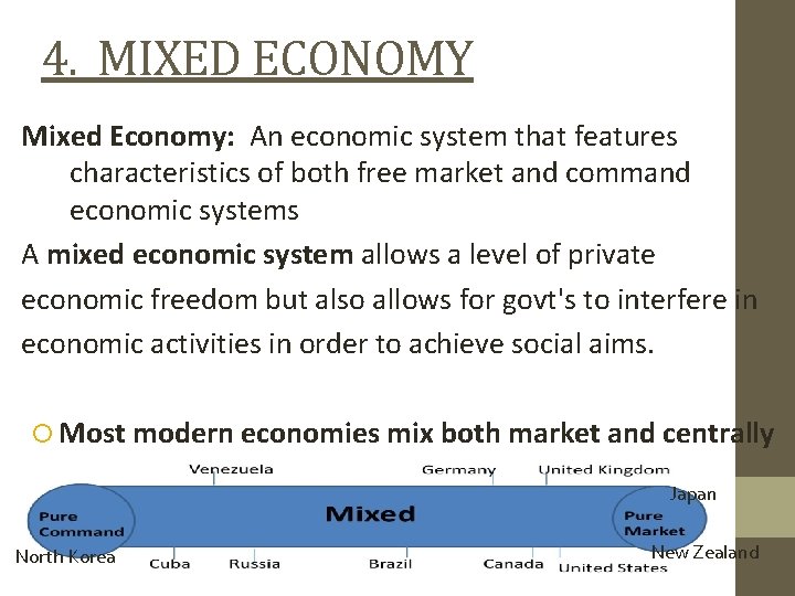 4. MIXED ECONOMY Mixed Economy: An economic system that features characteristics of both free