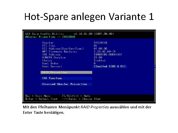 Hot-Spare anlegen Variante 1 Mit den Pfeiltasten Menüpunkt RAID Properties auswählen und mit der