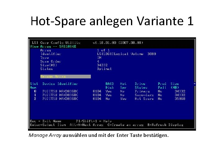 Hot-Spare anlegen Variante 1 Manage Array auswählen und mit der Enter Taste bestätigen. 