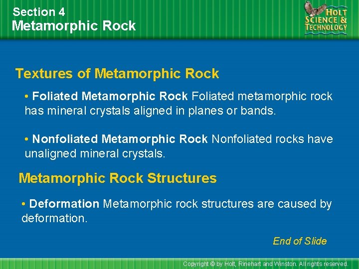 Section 4 Metamorphic Rock Textures of Metamorphic Rock • Foliated Metamorphic Rock Foliated metamorphic