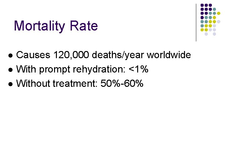 Mortality Rate l l l Causes 120, 000 deaths/year worldwide With prompt rehydration: <1%