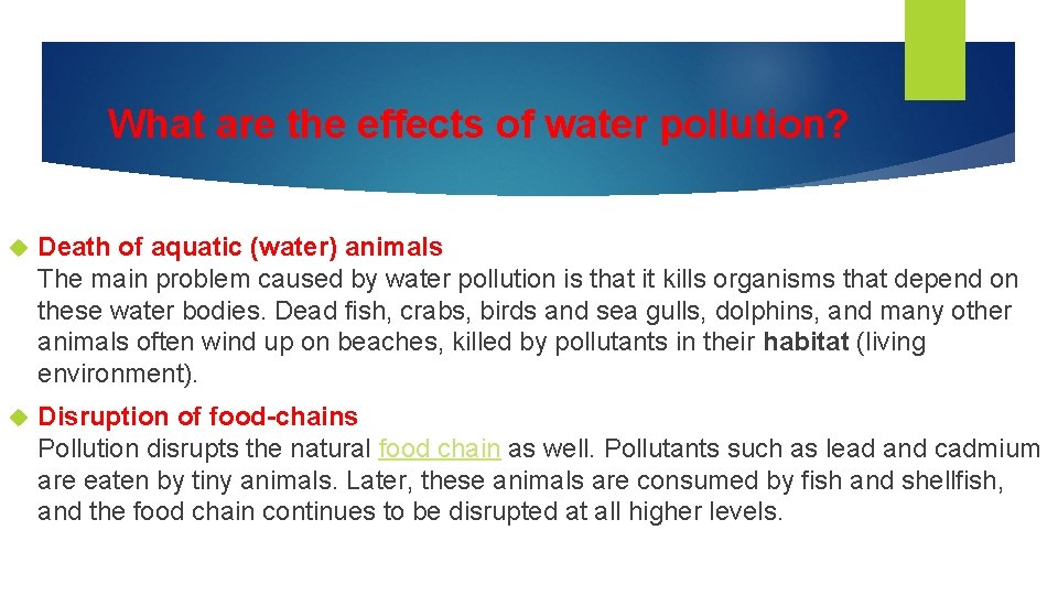 What are the effects of water pollution? Death of aquatic (water) animals The main