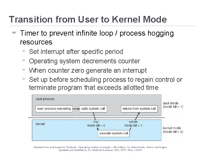 Transition from User to Kernel Mode Timer to prevent infinite loop / process hogging Transition from User to Kernel Mode Timer to prevent infinite loop / process hogging
