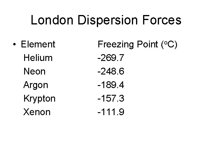 London Dispersion Forces • Element Helium Neon Argon Krypton Xenon Freezing Point (o. C)