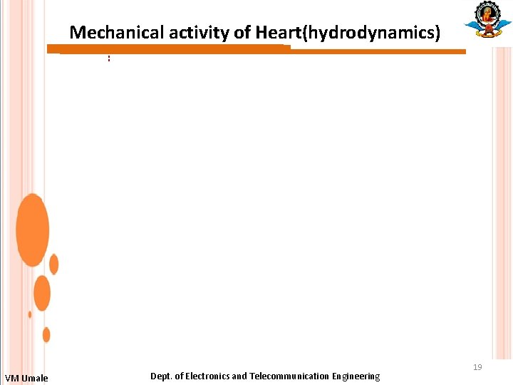 Mechanical activity of Heart(hydrodynamics) : VM Umale Dept. of Electronics and Telecommunication Engineering 19