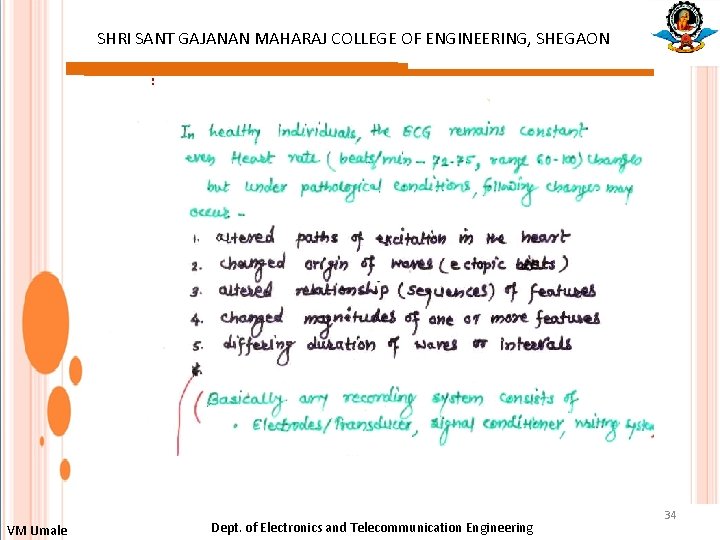 SHRI SANT GAJANAN MAHARAJ COLLEGE OF ENGINEERING, SHEGAON : VM Umale Dept. of Electronics