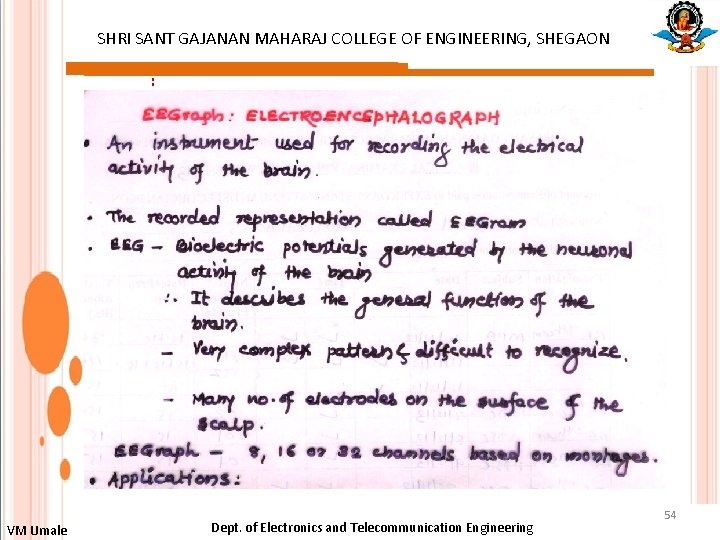 SHRI SANT GAJANAN MAHARAJ COLLEGE OF ENGINEERING, SHEGAON : VM Umale Dept. of Electronics