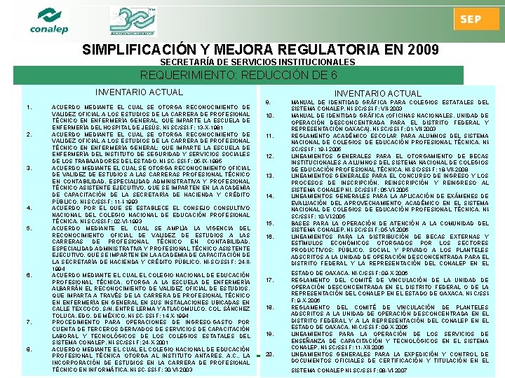 SIMPLIFICACIÓN Y MEJORA REGULATORIA EN 2009 SECRETARÍA DE SERVICIOS INSTITUCIONALES REQUERIMIENTO: REDUCCIÓN DE 6