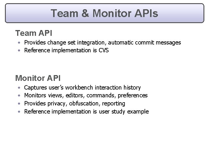 Team & Monitor APIs Team API • Provides change set integration, automatic commit messages