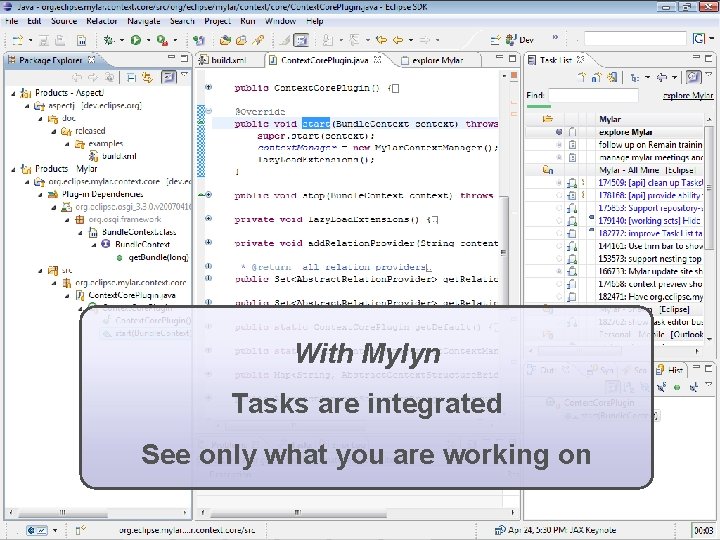 With Mylyn Tasks are integrated See only what you are working on 