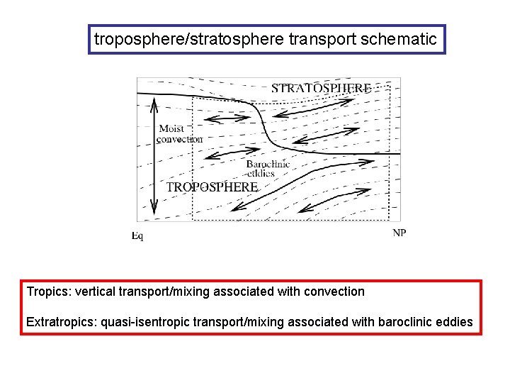 troposphere/stratosphere transport schematic Tropics: vertical transport/mixing associated with convection Extratropics: quasi-isentropic transport/mixing associated with