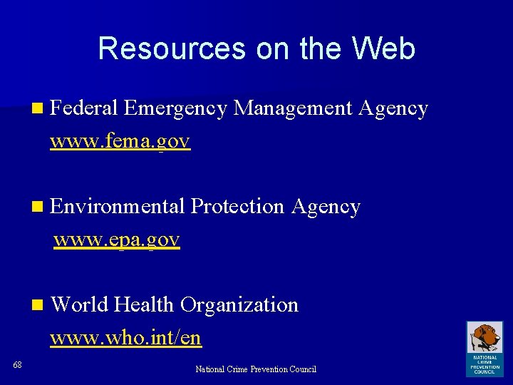 Resources on the Web n Federal Emergency Management Agency www. fema. gov n Environmental