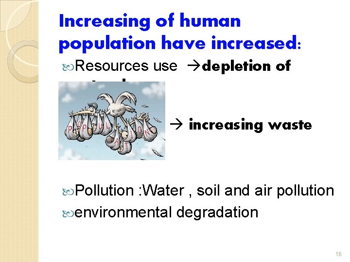 Increasing of human population have increased: Resources use depletion of natural resources increasing waste