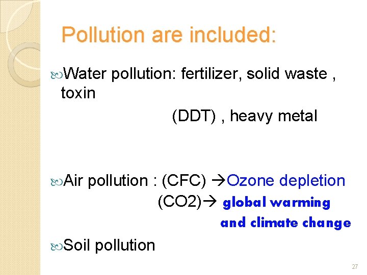 Pollution are included: Water pollution: fertilizer, solid waste , toxin (DDT) , heavy metal