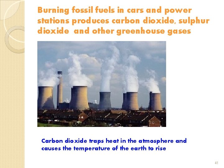 Burning fossil fuels in cars and power stations produces carbon dioxide, sulphur dioxide and