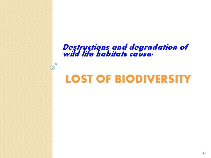 Destructions and degradation of wild life habitats cause: LOST OF BIODIVERSITY 44 