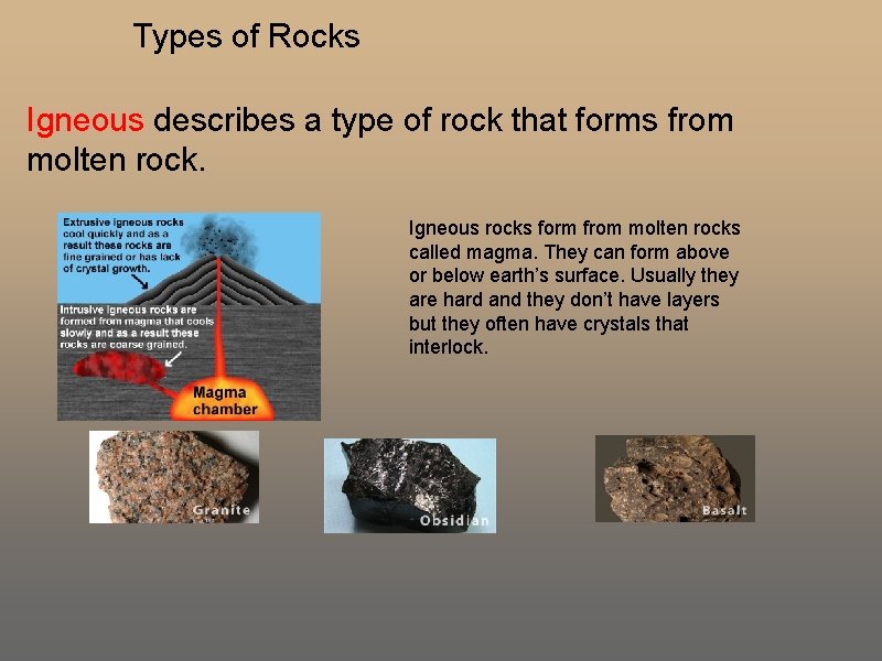 Types of Rocks Igneous describes a type of rock that forms from molten rock. Types of Rocks Igneous describes a type of rock that forms from molten rock.