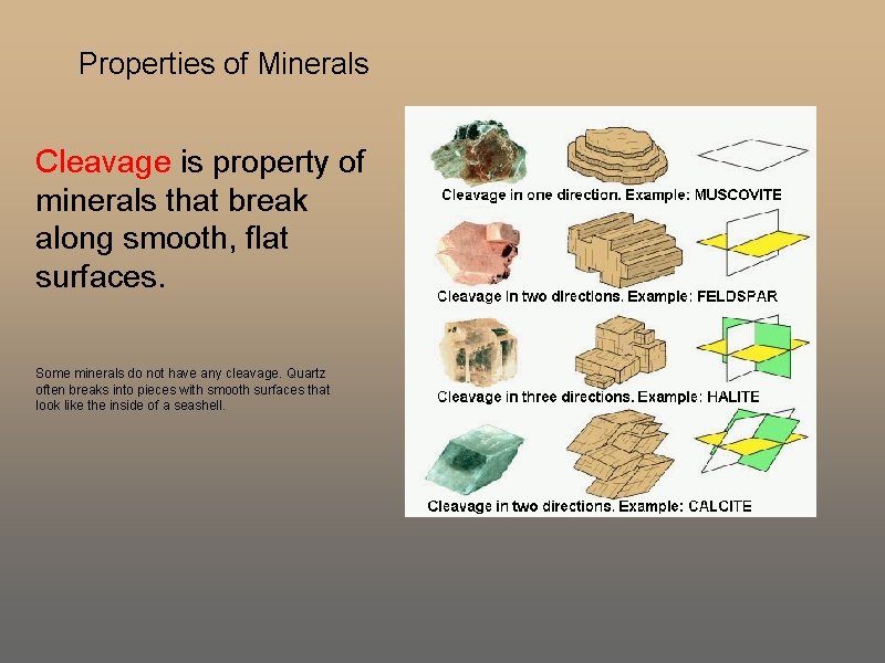 Properties of Minerals Cleavage is property of minerals that break along smooth, flat surfaces. Properties of Minerals Cleavage is property of minerals that break along smooth, flat surfaces.