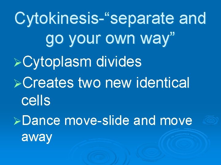 Cytokinesis-“separate and go your own way” ØCytoplasm divides ØCreates two new identical cells ØDance