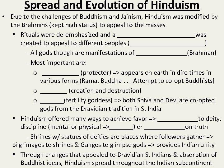 Spread and Evolution of Hinduism • Due to the challenges of Buddhism and Jainism,