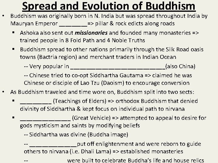 Spread and Evolution of Buddhism • Buddhism was originally born in N. India but
