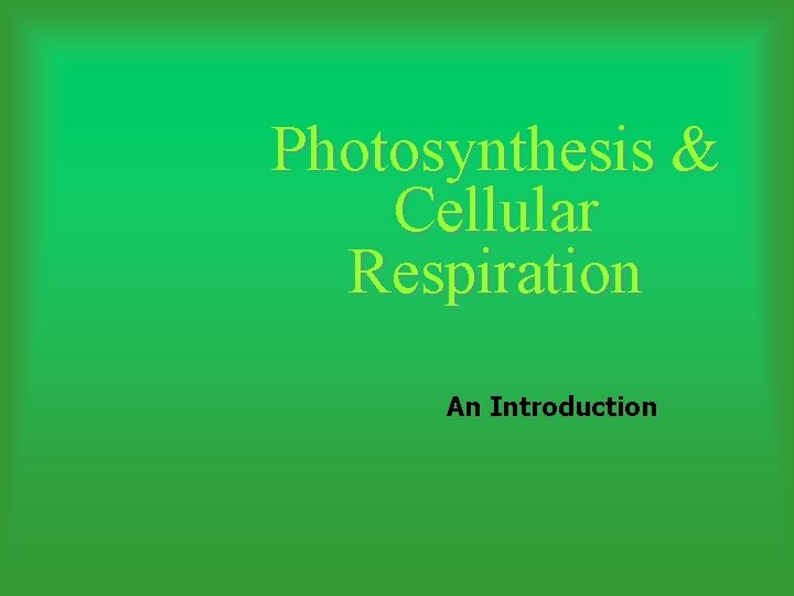 Photosynthesis & Cellular Respiration An Introduction 