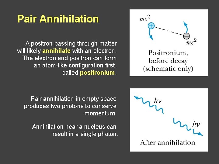 Pair Annihilation A positron passing through matter will likely annihilate with an electron. The